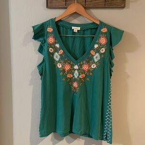 Sundance Lakelynn Floral Top Teal Blue size S